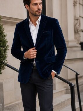 Bar III Navy Velvet Sport Coat - Deep Blue Tailored Blazer